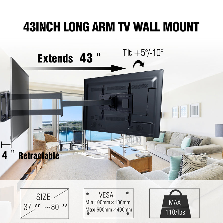 Full Motion TV Mount Sliding for TV Centering - Fits store 37-75 Inch Flat Curved TVs