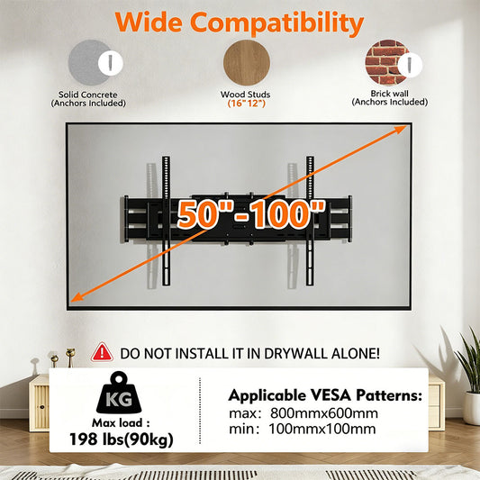 Long Reach TV Wall Bracket Mount Swivel Tilt Full Motion TV Bracket 43 inch Articulating Arm Wall Mount,Fits 50 to 100 Inch Flat/Curve TVs,Holds 198LBS,VESA 800x600mm HY9462-B