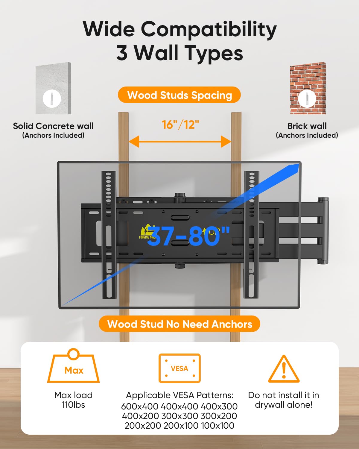 FORGING Mount 42 inch Long Arm TV Wall Mount with Power Strip for 37 to 80 TVs