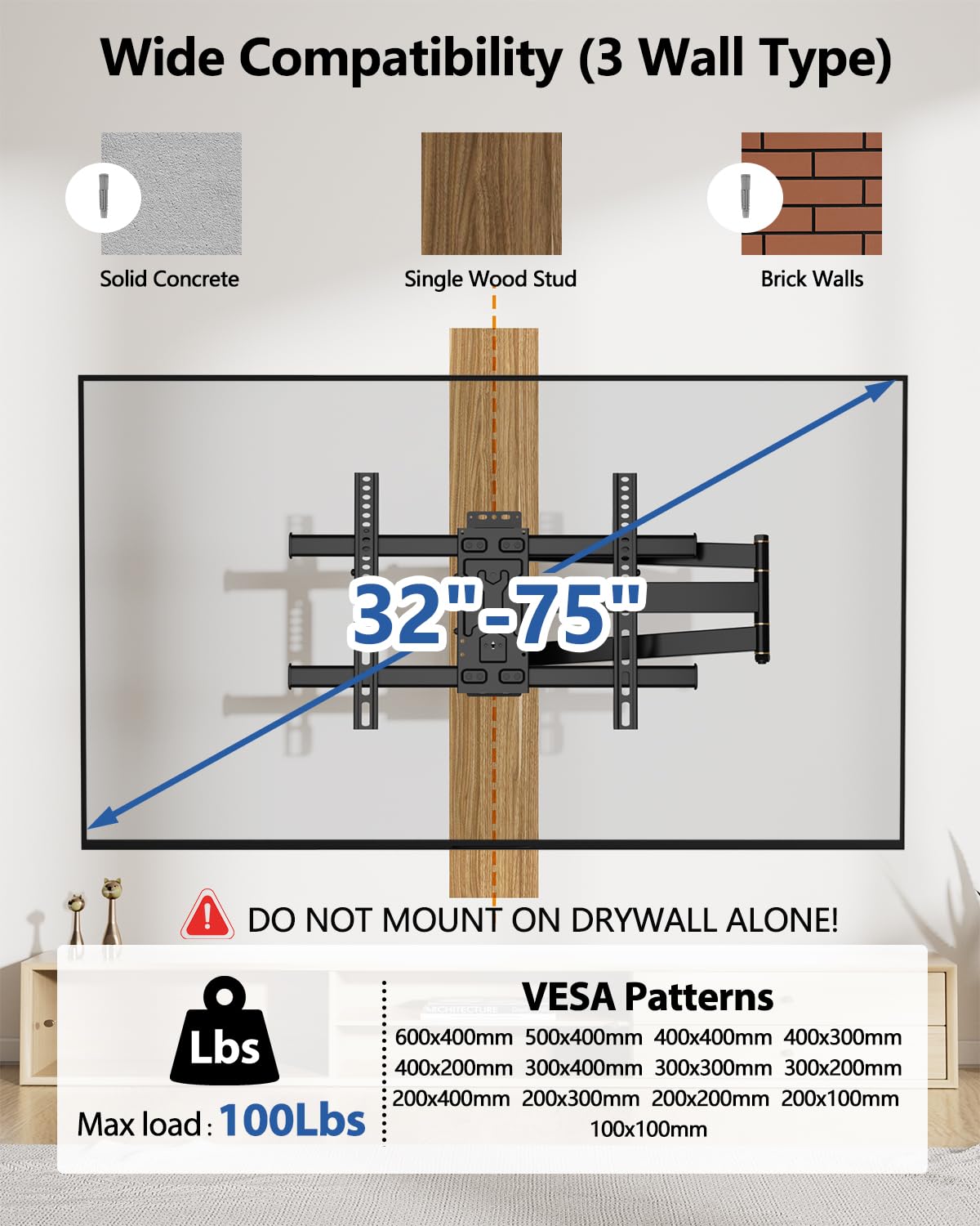 FORGING Corner TV Wall Mount with 33 Long Arm for 32-75 TVs