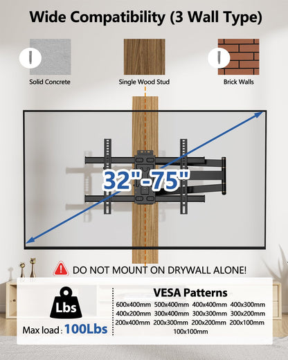 FORGING Corner TV Wall Mount with 33 Long Arm for 32-75 TVs