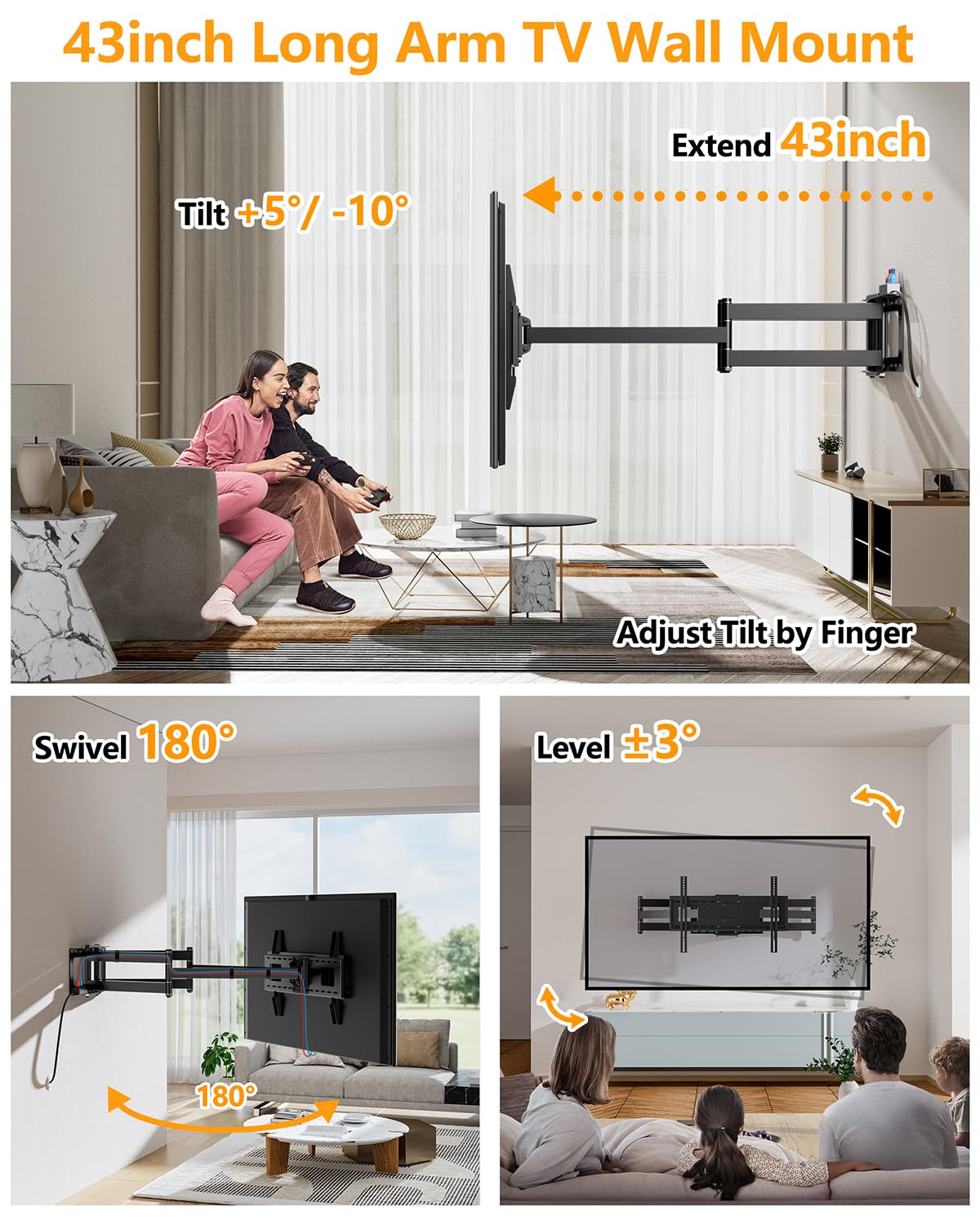 FORGING MOUNT Long Arm 43inch Long Extension TV Mount with Power Outlet