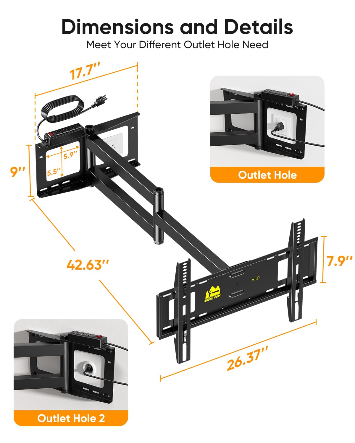FORGING Mount 42 inch Long Arm TV Wall Mount with Power Strip for