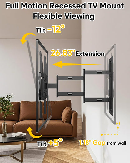 Recessed TV Wall Mount for 50-100" TVs, Holds 176 lbs, VESA 800X600 Heavy Duty Full Motion in-Wall TV Mount for Flush Installation,Tilts, Swivels,Low Profile Design,Fits 16" Wood Stud